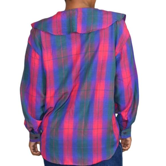Ruffle Collar Blouse Vintage Pink Purple Plaid 90s Button Front Top Size Medium - Picture 6 of 12
